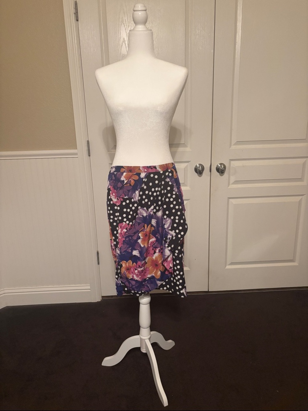 Yoana Baraschi Black Polka Dot Asymmetrical Skirt with Purple & Pink Floral